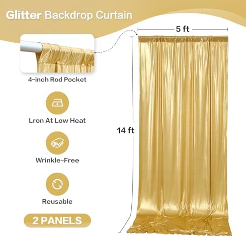 10x14FT Gold Sequin Backdrop Curtain - 2 Panels of 5x14FT Wrinkle-Free Reusable Glitter Drapes for Photography, alternate