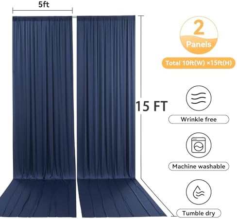 10x15 ft Wrinkle Free Navy Blue Backdrop Curtain for Wedding Parties, Silky Polyester 2 Panels 15 ft Long Photo, alternate