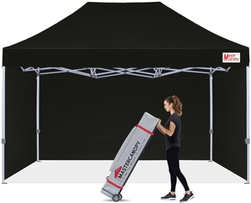 10x15 Heavy Duty Pop Up Canopy Tent with 4 Sidewalls, Black in Black