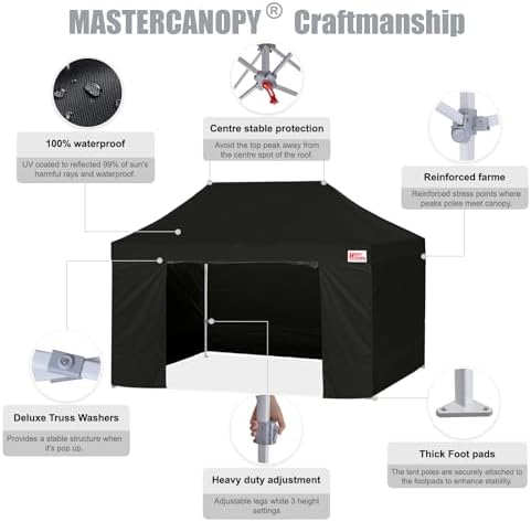 10x15 Heavy Duty Pop Up Canopy Tent with 4 Sidewalls, Black in Black, alternate view 3