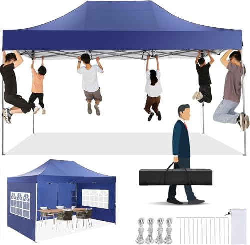 10x15 Heavy Duty Pop Up Canopy Tent with 4 Sidewalls, Dark Blue in Dark Blue