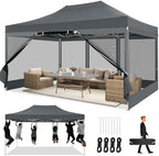 10x15 Heavy Duty Pop Up Canopy with 4 Mosquito Net Sidewalls, Gray in Gray