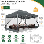 10x15 Heavy Duty Pop Up Canopy with 4 Mosquito Net Sidewalls, Gray in Gray, alternate view 2