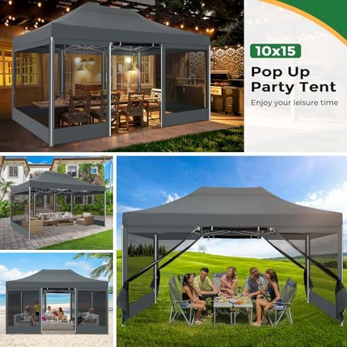 10x15 Heavy Duty Pop Up Canopy with 4 Mosquito Net Sidewalls, Gray in Gray, alternate view 3