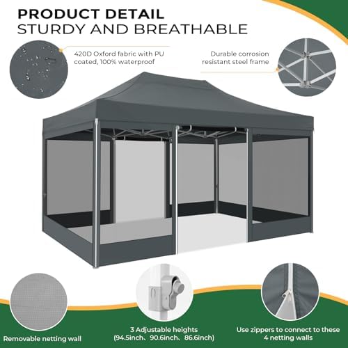 10x15 Heavy Duty Pop Up Canopy with 4 Mosquito Net Sidewalls, Gray in Gray, alternate view 4