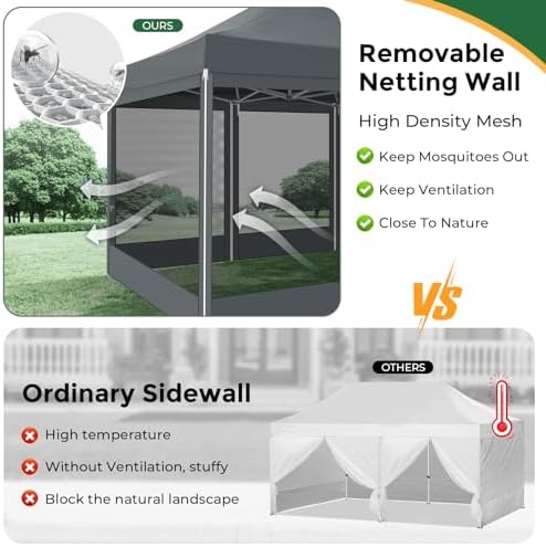 10x15 Heavy Duty Pop Up Canopy with 4 Mosquito Net Sidewalls, Gray in Gray, alternate view 5