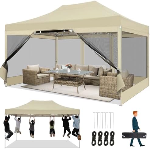 10x15 Heavy Duty Pop Up Canopy with 4 Mosquito Net Sidewalls, Khaki in Khaki