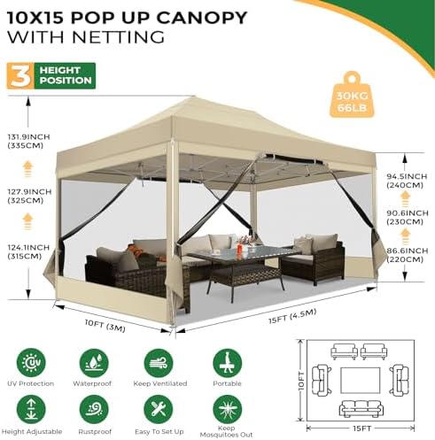 10x15 Heavy Duty Pop Up Canopy with 4 Mosquito Net Sidewalls, Khaki in Khaki, alternate view 2