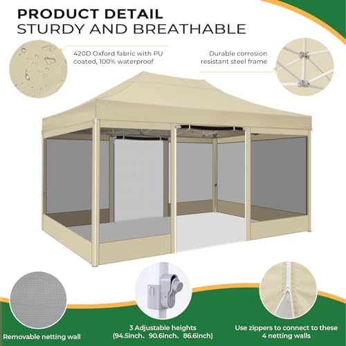 10x15 Heavy Duty Pop Up Canopy with 4 Mosquito Net Sidewalls, Khaki in Khaki, alternate view 4