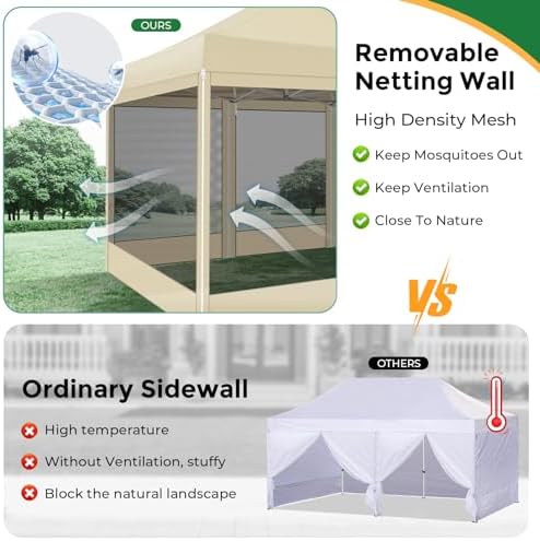 10x15 Heavy Duty Pop Up Canopy with 4 Mosquito Net Sidewalls, Khaki in Khaki, alternate view 5