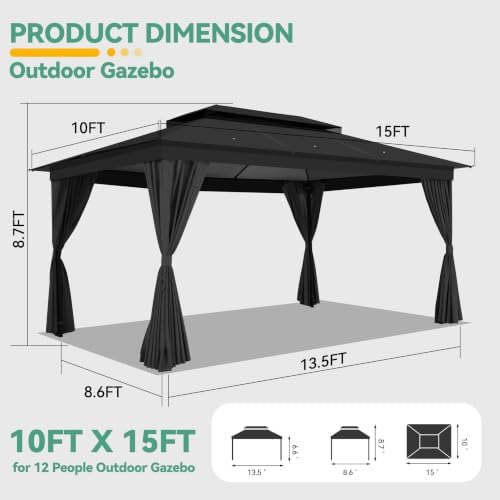 10x15 Outdoor Patio Gazebo with Privacy Curtains, Black in Black, alternate view 2