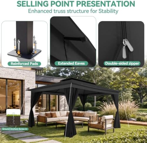 10x15 Outdoor Patio Gazebo with Privacy Curtains, Black in Black, alternate view 5