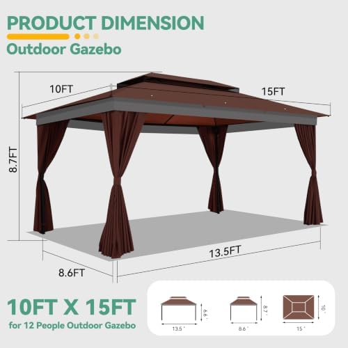 10x15 Outdoor Patio Gazebo with Privacy Curtains, Brown in Brown, alternate view 2