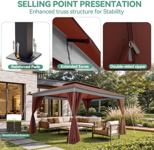 10x15 Outdoor Patio Gazebo with Privacy Curtains, Brown in Brown, alternate view 5