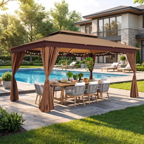 10x15 Outdoor Patio Gazebo with Privacy Curtains, Khaki in Khaki
