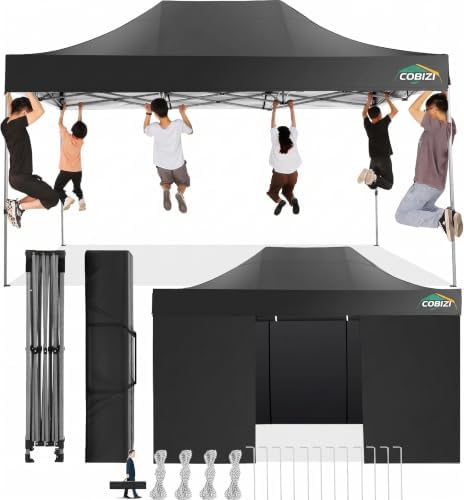 10x15 Pop Up Canopy Tent, Heavy Duty Canopy(Black with 4 Sidewalls)