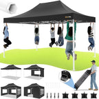 10x15 Pop Up Canopy Tent, Upgraded Thickened Hexagonal Legs, Black in Black