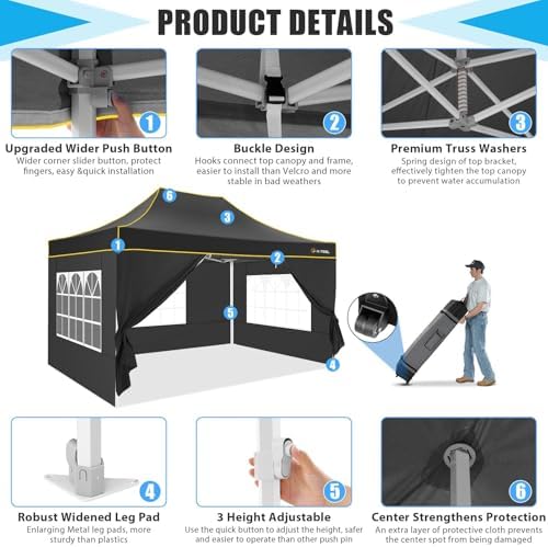 10x15 Pop Up Canopy Tent, Upgraded Thickened Hexagonal Legs, Black in Black, alternate view 2