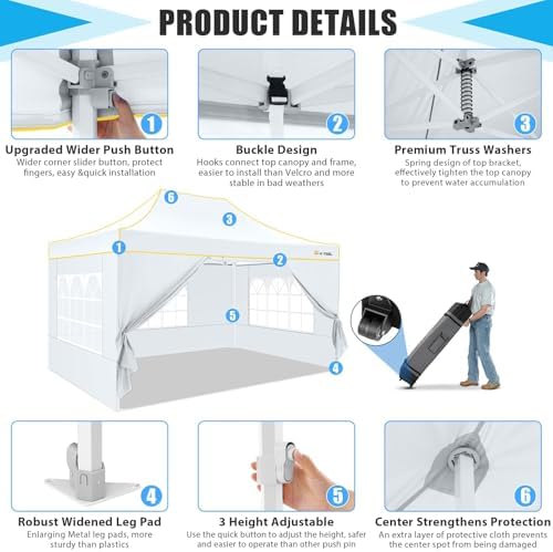 10x15 Pop Up Canopy Tent, Upgraded Thickened Hexagonal Legs, White in White, alternate view 3