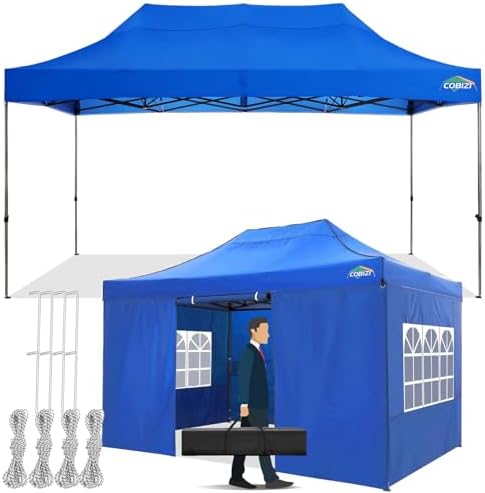 10x15 Pop Up Canopy Tent with 4 Sidewalls, Heavy Duty Canopy, Blue in Blue