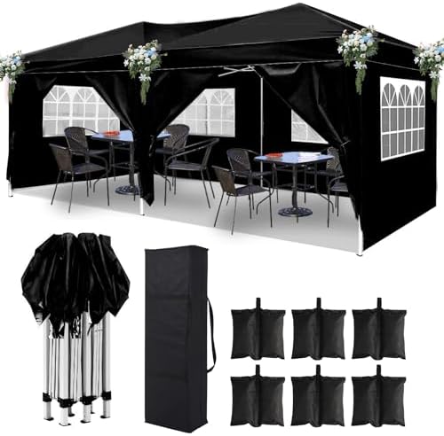 10x20 Black Pop Up Canopy Outdoor Party Tent with 6 Sidewalls, Wedding Party Tent Outdoor Waterproof UV50 Canopy