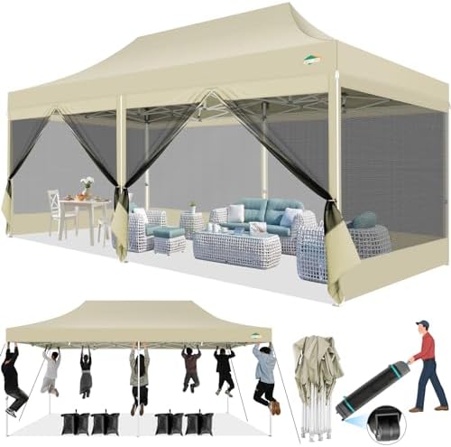 10x20 Canopy Tent with 6 Sidewalls, Heavy Duty Pop up Canopy with Mosquito Netting, Easy up Screen Tent for