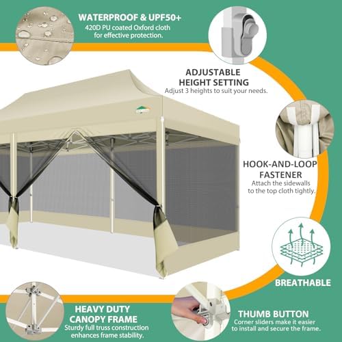 10x20 Canopy Tent with 6 Sidewalls, Heavy Duty Pop up Canopy with Mosquito Netting, Easy up Screen Tent for, alternate view 6