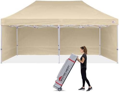 10x20 Heavy Duty Pop Up Canopy Tent with 4 Sidewalls, Beige in Beige