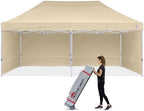 10x20 Heavy Duty Pop Up Canopy Tent with 4 Sidewalls, Beige in Beige