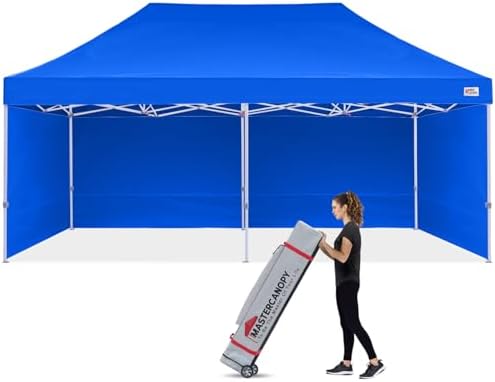10x20 Heavy Duty Pop Up Canopy Tent with 4 Sidewalls, Blue in Blue