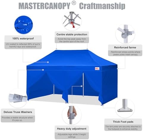 10x20 Heavy Duty Pop Up Canopy Tent with 4 Sidewalls, Blue in Blue, alternate view 4