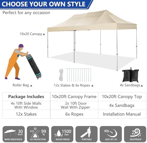 10x20 Heavy Duty Pop Up Canopy Tent with 6 Sidewalls Thicken Frame, Commercial Easy Up Outdoor Wedding Party, alternate view