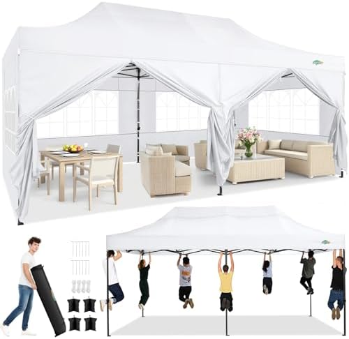10x20 Heavy Duty Pop Up Canopy Tent with 6 Sidewalls, White in White