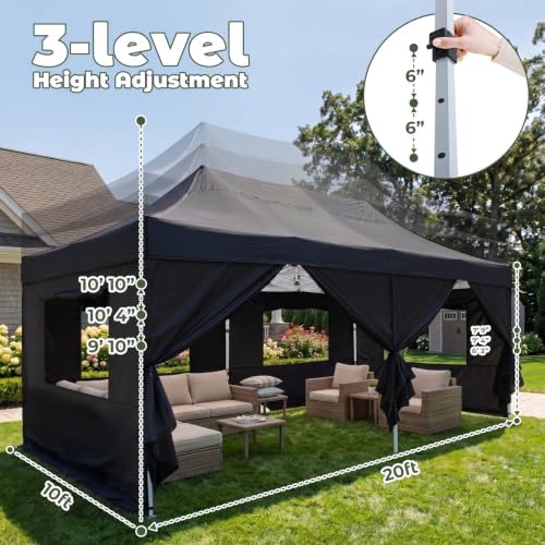 10x20 Heavy Duty Pop up Canopy Tent with Sidewalls &Mesh Windows Black, alternate view 2
