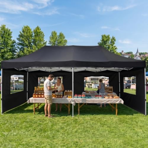 10x20 Heavy Duty Pop Up Canopy with 6 Mesh Window Sidewalls, Outdoor, Black in Black