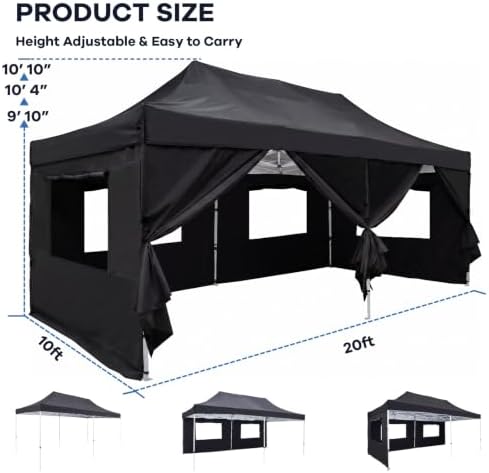10x20 Heavy Duty Pop Up Canopy with 6 Mesh Window Sidewalls, Outdoor, Black in Black, alternate view 2