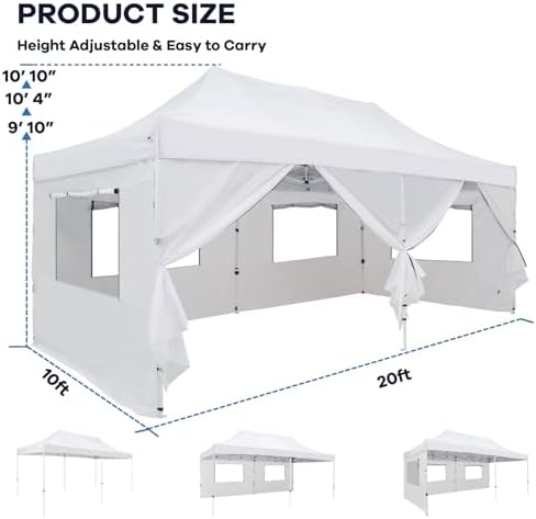 10x20 Heavy Duty Pop Up Canopy with 6 Mesh Window Sidewalls, Outdoor, White in White, alternate view 2