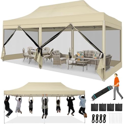 10x20 Heavy Duty Pop Up Canopy with 6 Mosquito Net Sidewalls, Khaki in Khaki