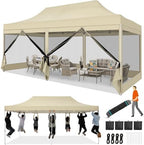 10x20 Heavy Duty Pop Up Canopy with 6 Mosquito Net Sidewalls, Khaki in Khaki