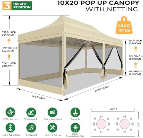 10x20 Heavy Duty Pop Up Canopy with 6 Mosquito Net Sidewalls, Khaki in Khaki, alternate view 2