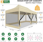 10x20 Heavy Duty Pop Up Canopy with 6 Mosquito Net Sidewalls, Khaki in Khaki, alternate view 2