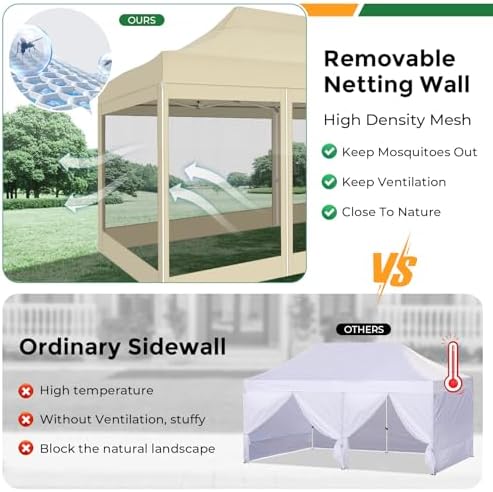 10x20 Heavy Duty Pop Up Canopy with 6 Mosquito Net Sidewalls, Khaki in Khaki, alternate view 3