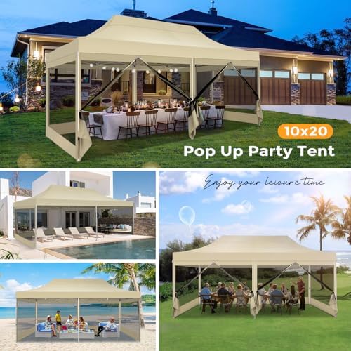 10x20 Heavy Duty Pop Up Canopy with 6 Mosquito Net Sidewalls, Khaki in Khaki, alternate view 4