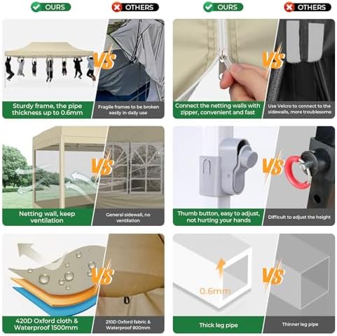 10x20 Heavy Duty Pop Up Canopy with 6 Mosquito Net Sidewalls, Khaki in Khaki, alternate view 5