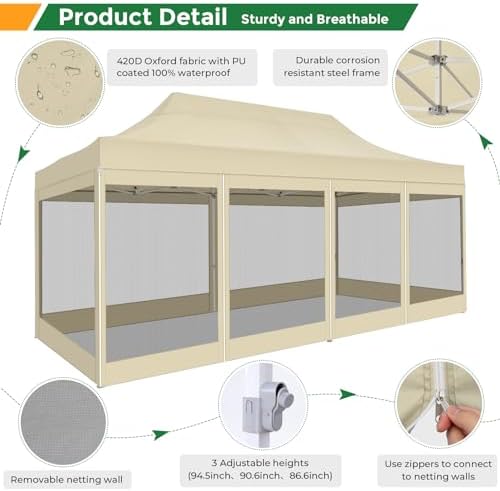 10x20 Heavy Duty Pop Up Canopy with 6 Mosquito Net Sidewalls, Khaki in Khaki, alternate view 6