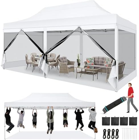 10x20 Heavy Duty Pop Up Canopy with 6 Mosquito Net Sidewalls, White in White