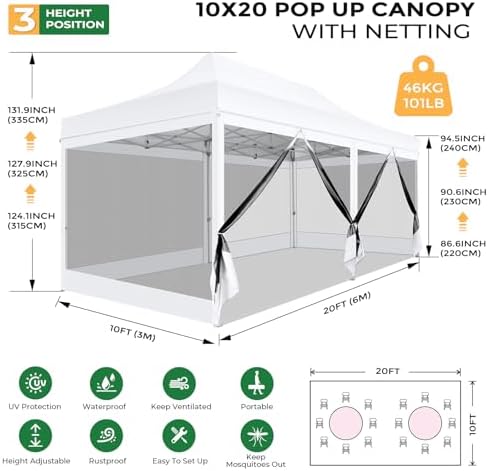 10x20 Heavy Duty Pop Up Canopy with 6 Mosquito Net Sidewalls, White in White, alternate view 2