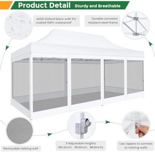 10x20 Heavy Duty Pop Up Canopy with 6 Mosquito Net Sidewalls, White in White, alternate view 6