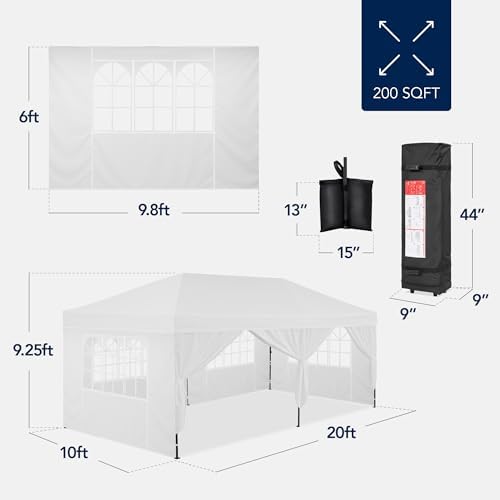 10x20 Party Tent, Heavy Duty Waterproof Large Outdoor Event Easy Pop Up Canopy Shelter w/Sidewalls, 1-Button, alternate view