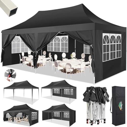 10x20 Pop Up Canopy Ez Up Frame Upgraded with 6 Sidewalls, Black in Black